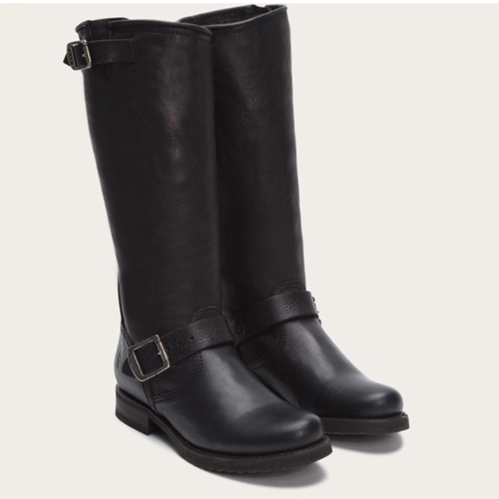 Frye Black Leather Mid-Calf Buckle Moto Boots